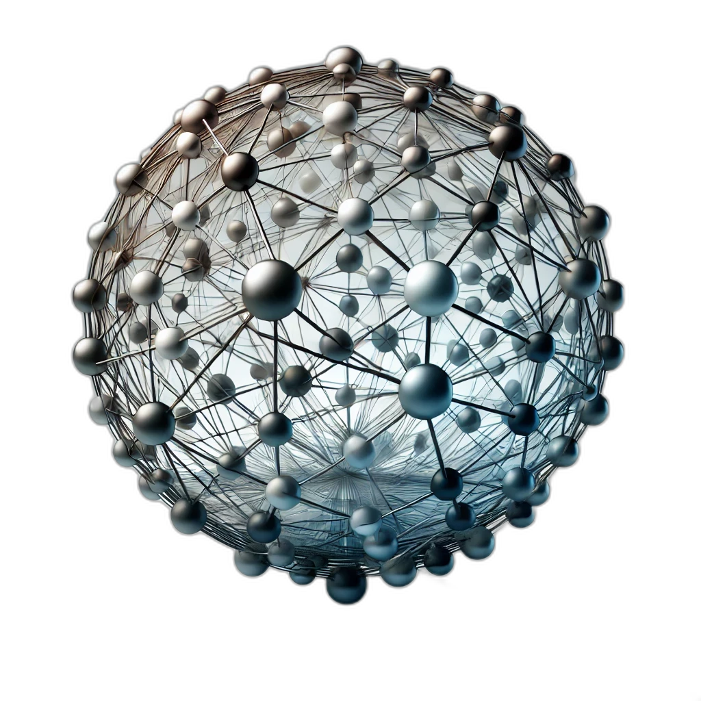 A metallic, spherical structure with interconnected nodes and lines resembling a complex network or web