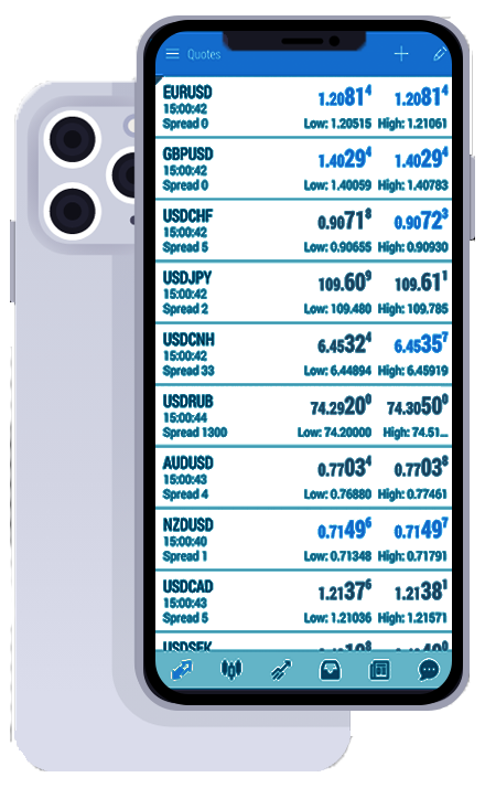 mobile with mt5 app open, showing prices of different currency pairs